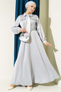 Gray Satin Evening Dress with Scarf and Belt