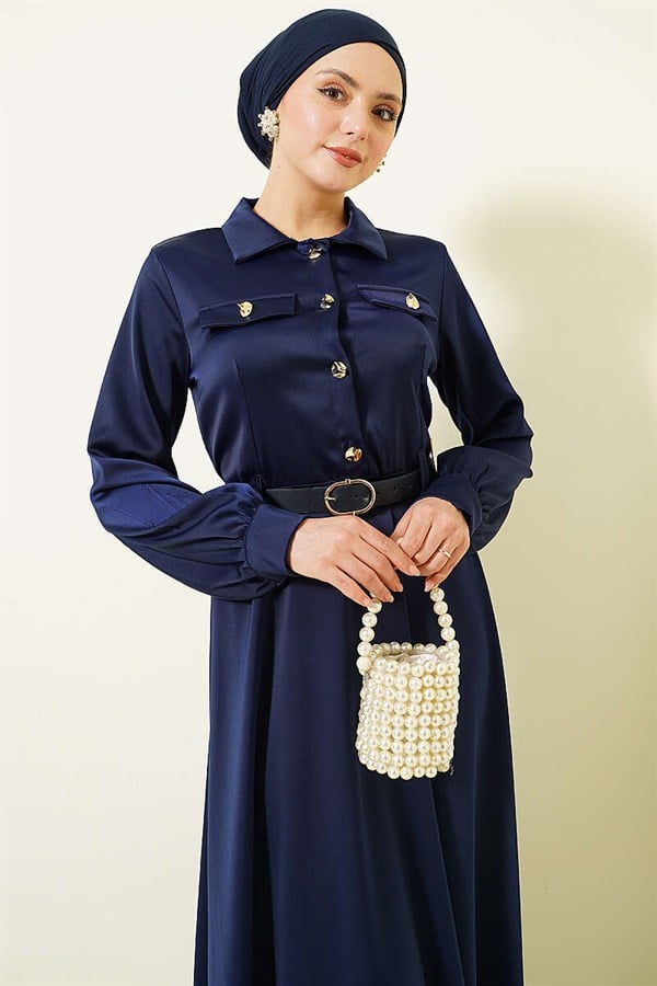 Navy Blue Satin Evening Dress with Scarf and Belt