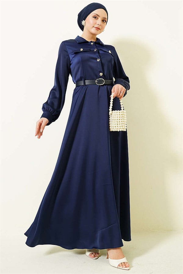 Navy Blue Satin Evening Dress with Scarf and Belt