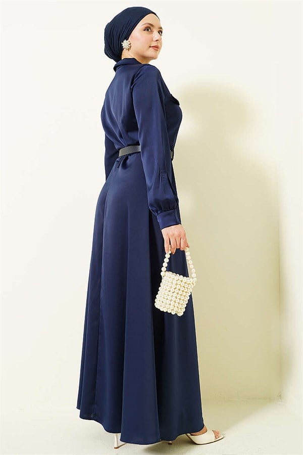 Navy Blue Satin Evening Dress with Scarf and Belt