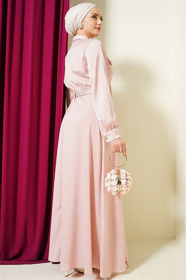 Satin Evening Dress with Scarf and Belt, Powder Pink