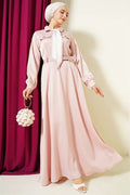 Satin Evening Dress with Scarf and Belt, Powder Pink