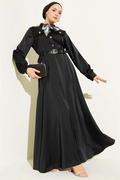 Black Satin Evening Dress with Scarf and Belt