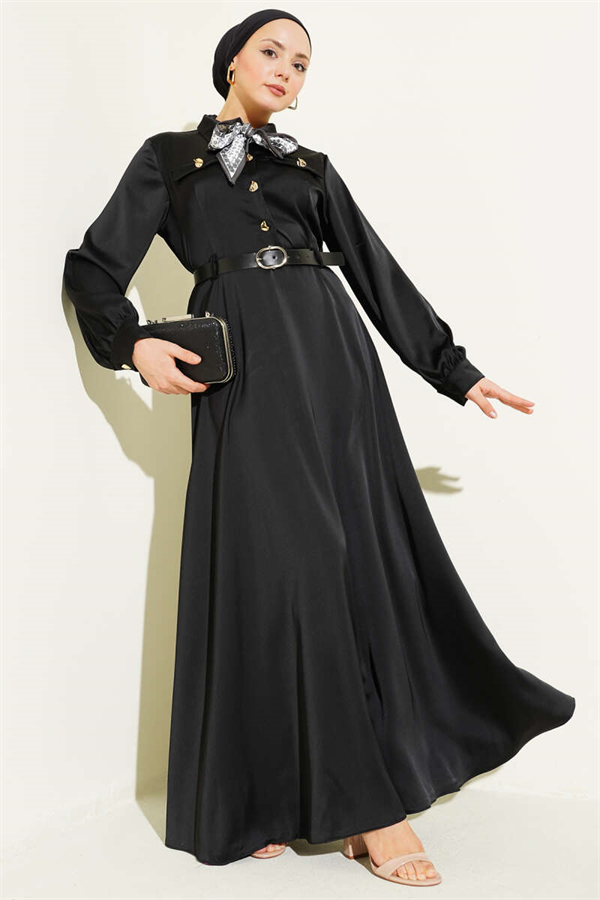Black Satin Evening Dress with Scarf and Belt