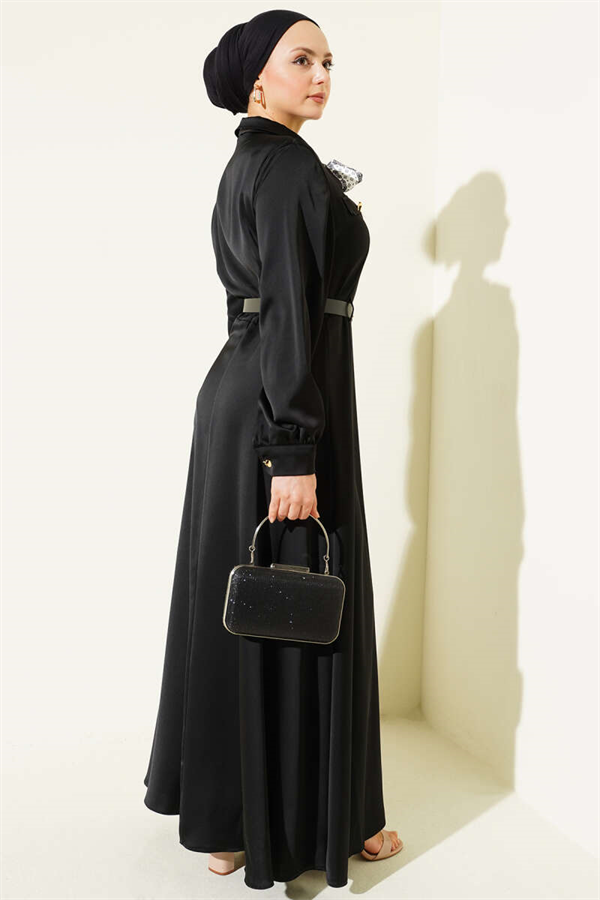 Black Satin Evening Dress with Scarf and Belt
