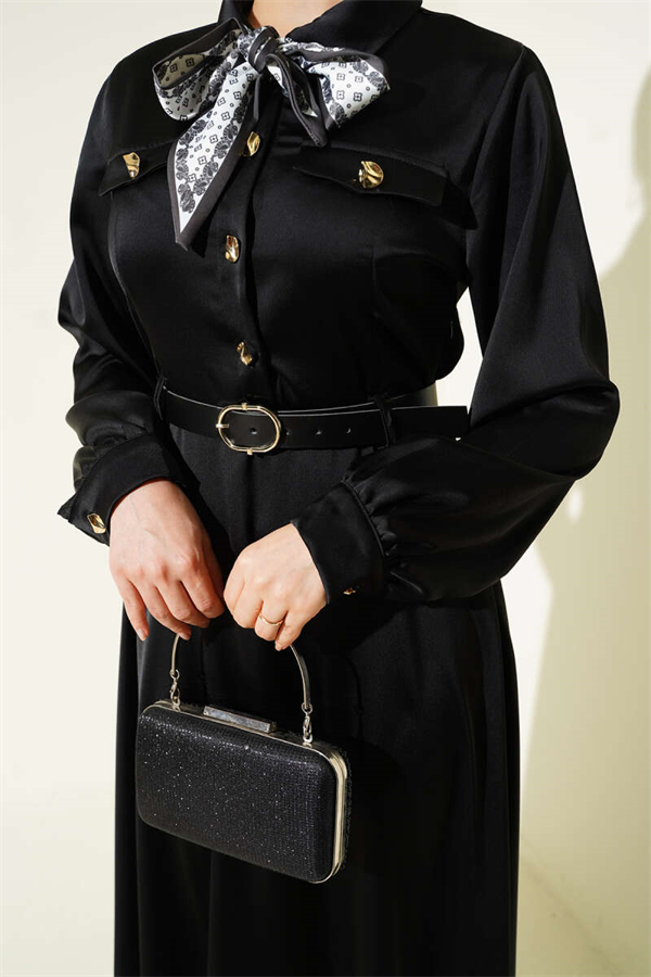 Black Satin Evening Dress with Scarf and Belt