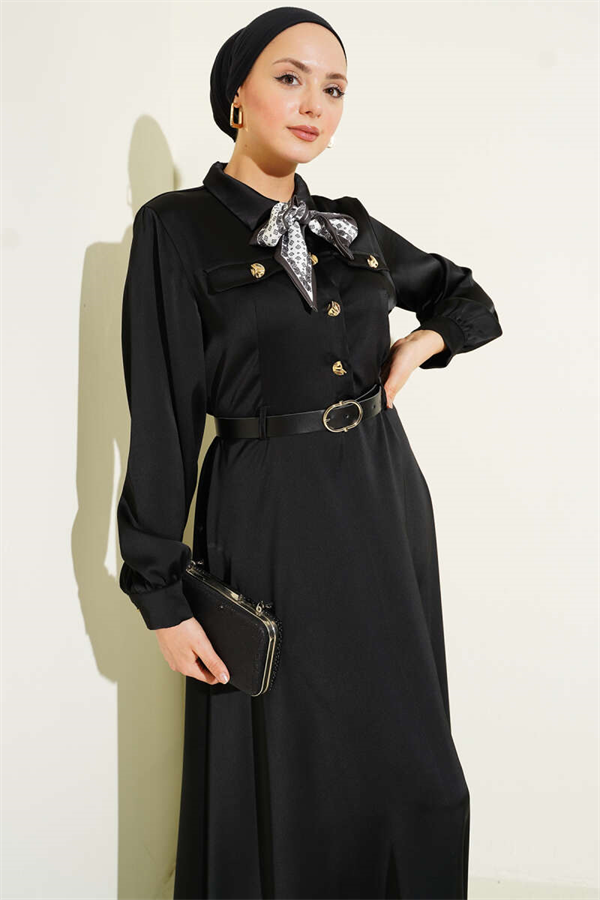 Black Satin Evening Dress with Scarf and Belt