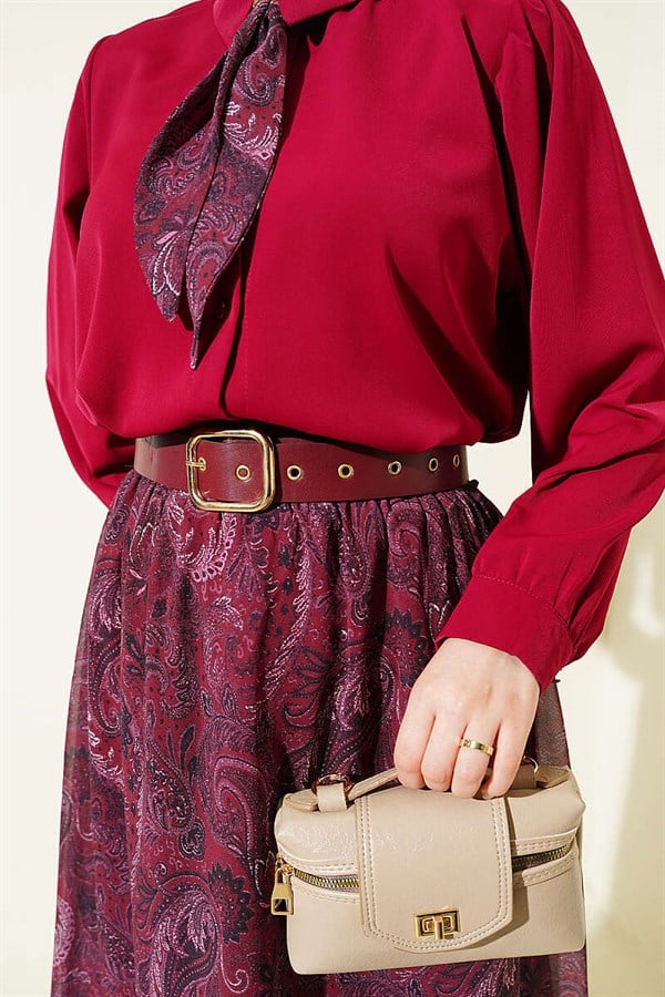 Burgundy Retro Pattern Chiffon Skirt 2 Piece Set with Scarf