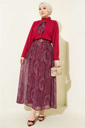 Burgundy Retro Pattern Chiffon Skirt 2 Piece Set with Scarf