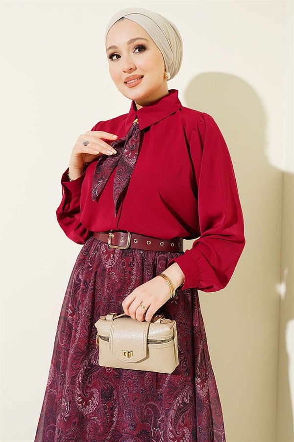 Burgundy Retro Pattern Chiffon Skirt 2 Piece Set with Scarf