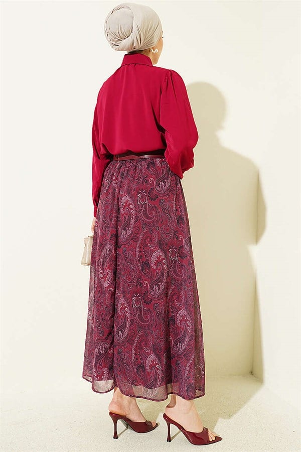 Burgundy Retro Pattern Chiffon Skirt 2 Piece Set with Scarf