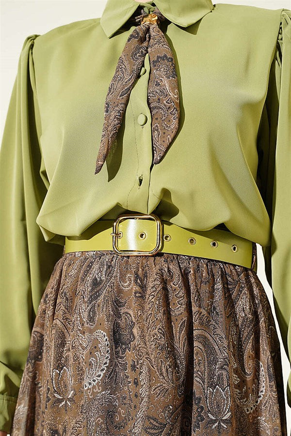 Retro Patterned Chiffon Skirt 2 Piece Set with Scarf, Light Green