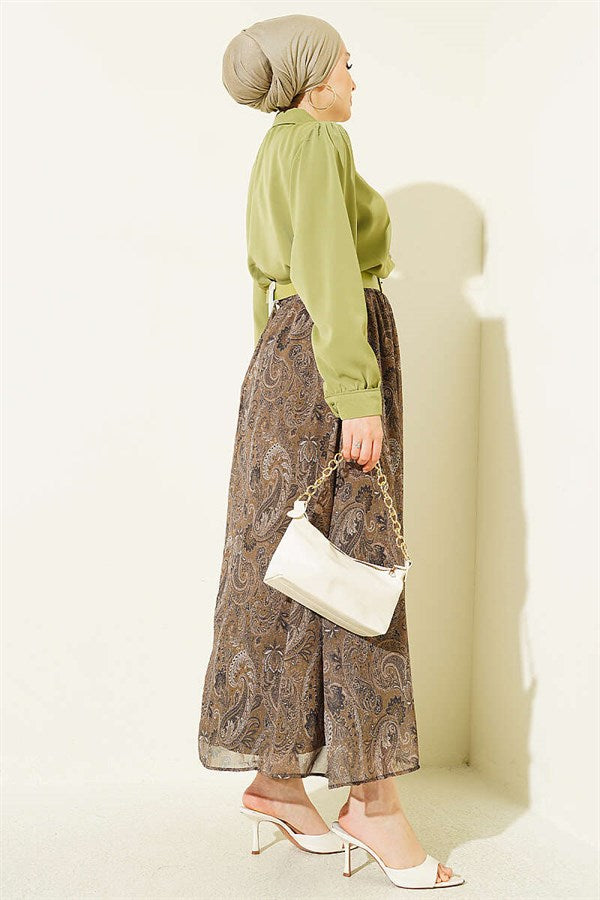 Retro Patterned Chiffon Skirt 2 Piece Set with Scarf, Light Green