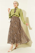 Retro Patterned Chiffon Skirt 2 Piece Set with Scarf, Light Green