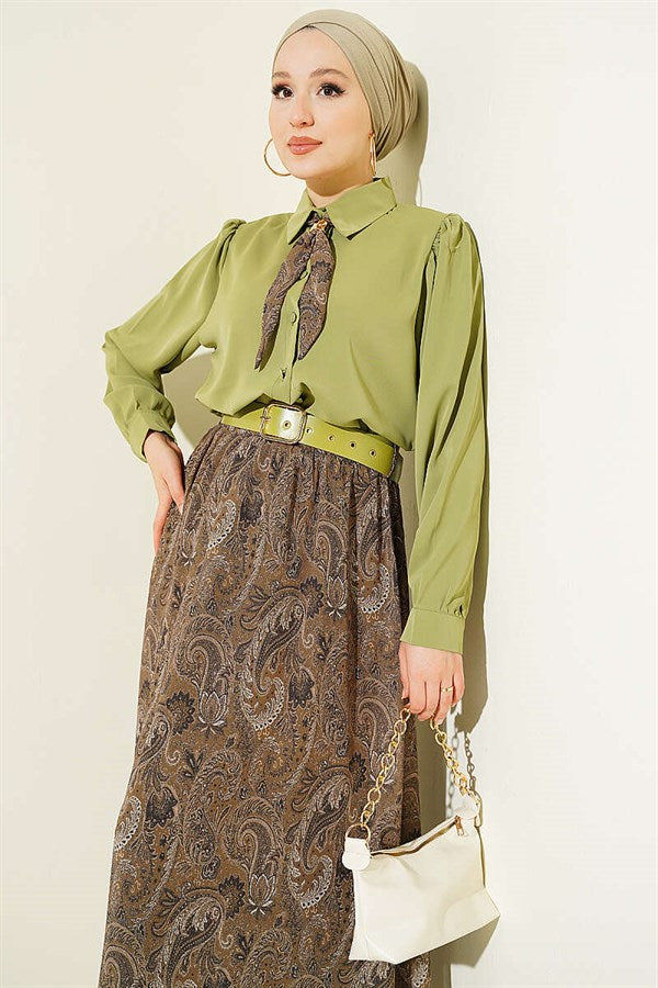 Retro Patterned Chiffon Skirt 2 Piece Set with Scarf, Light Green