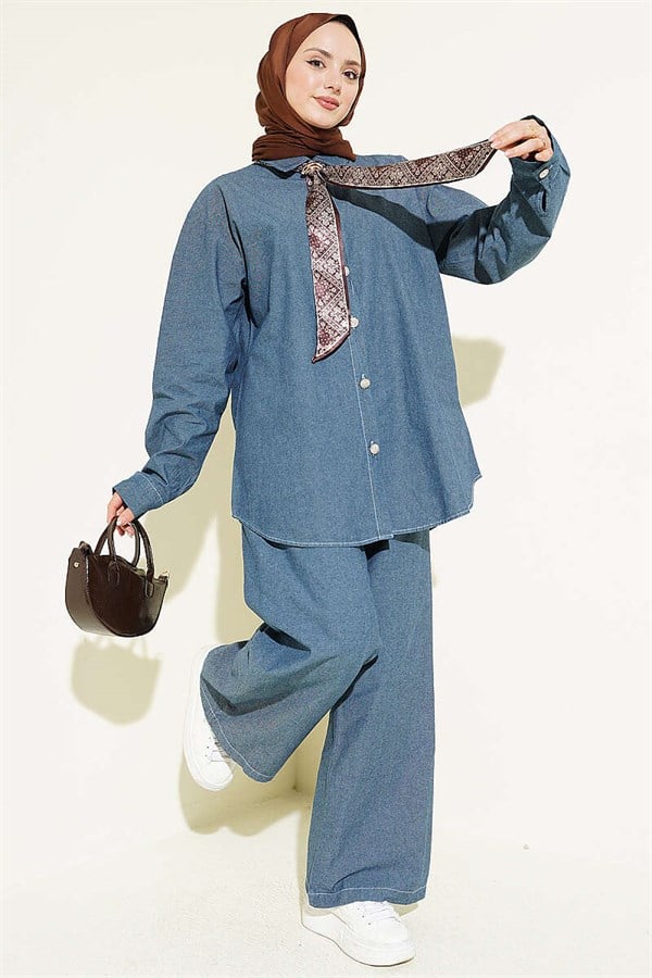 Denim 2 Piece Set with Scarf and Stone Buttons