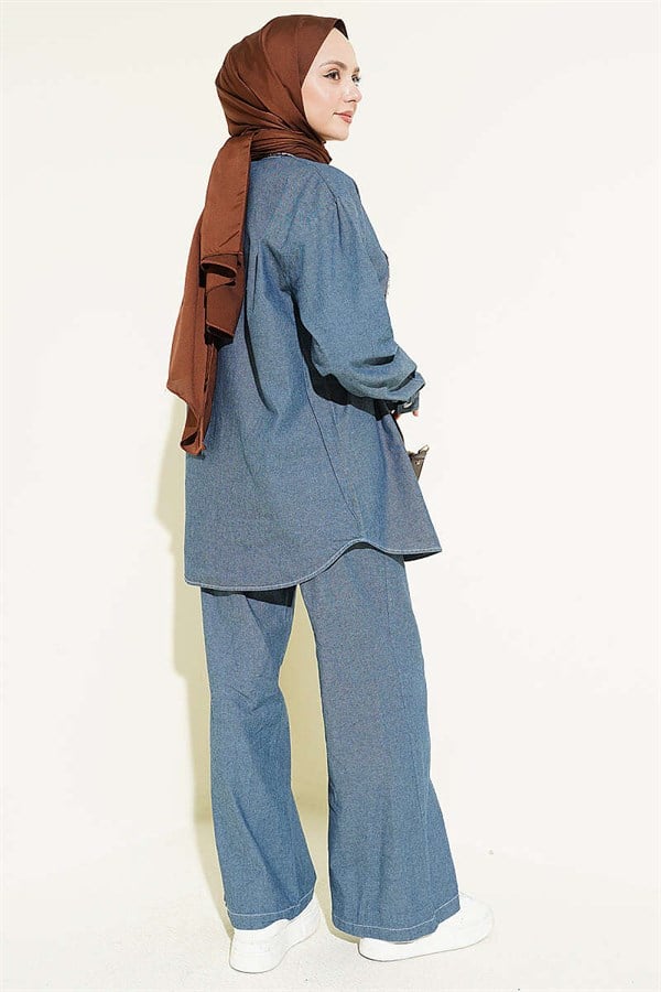 Denim 2 Piece Set with Scarf and Stone Buttons