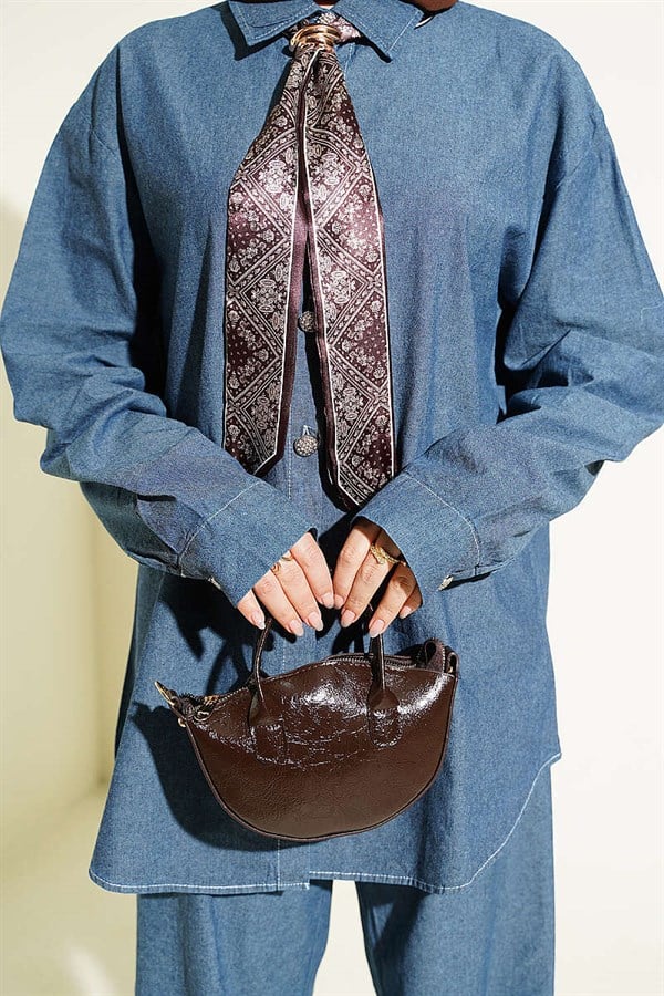 Denim 2 Piece Set with Scarf and Stone Buttons