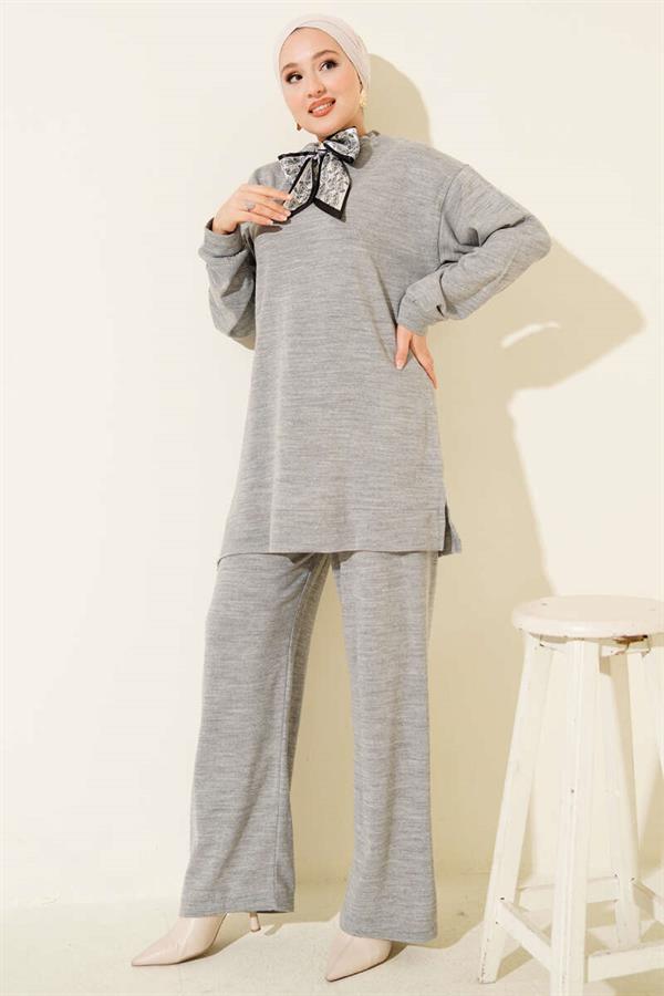 Scarf Knitwear 2 Piece Set Gray