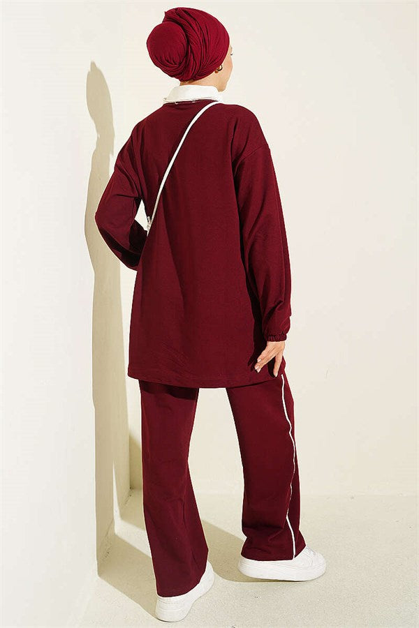 Embellished Two-Piece Set with Elastic Ankle Straps, Burgundy