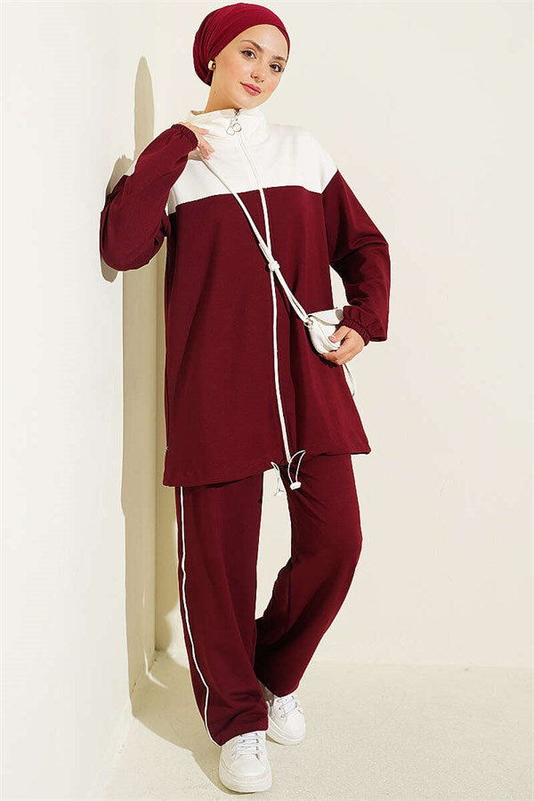 Embellished Two-Piece Set with Elastic Ankle Straps, Burgundy