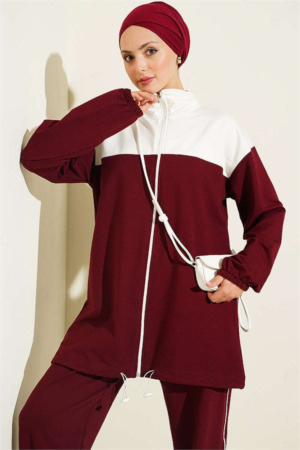 Embellished Two-Piece Set with Elastic Ankle Straps, Burgundy