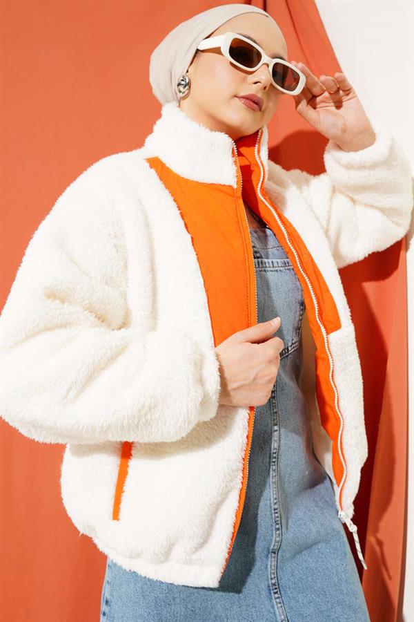 Garnished Pocket Short Plush Coat Orange