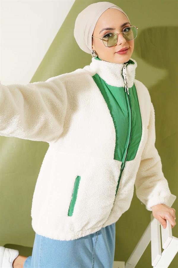 Garnished Pocket Short Plush Coat Green