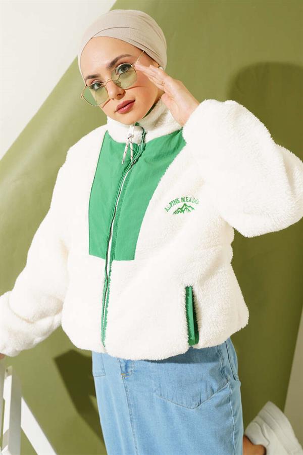 Garnished Pocket Short Plush Coat Green