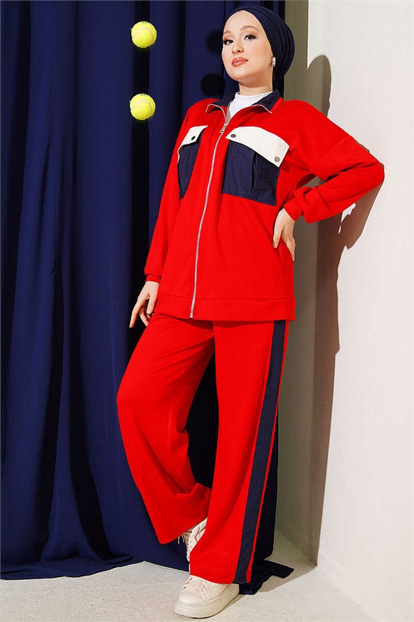 2 Piece Set with Double Pocket Detail and Trim, Red