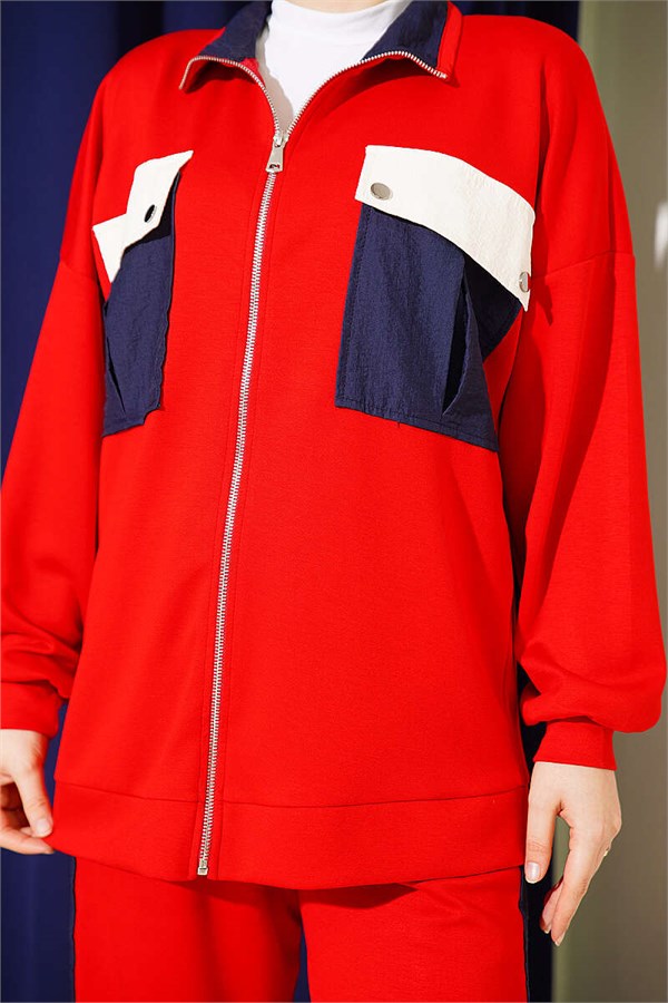 2 Piece Set with Double Pocket Detail and Trim, Red