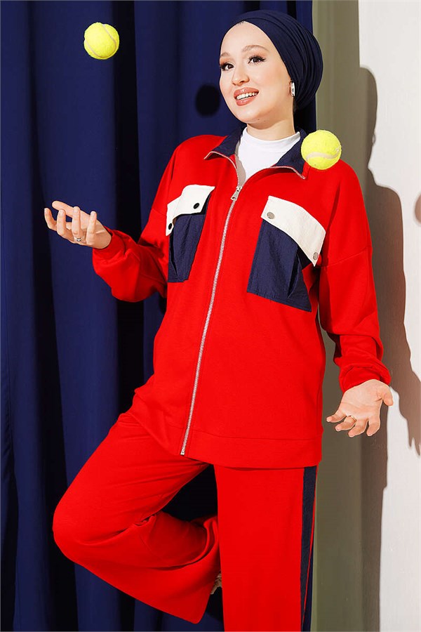 2 Piece Set with Double Pocket Detail and Trim, Red