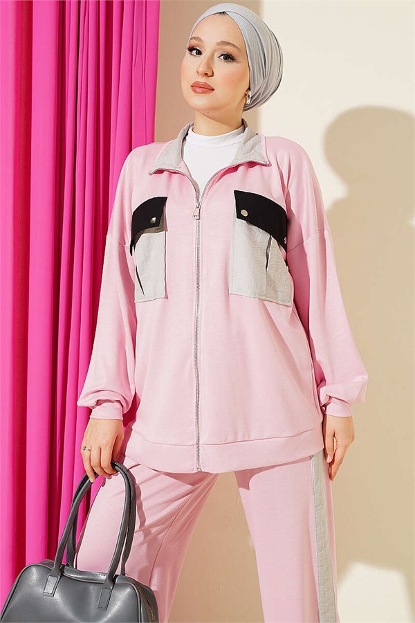 2 Piece Set with Double Pocket Detail, Pink, with Trim