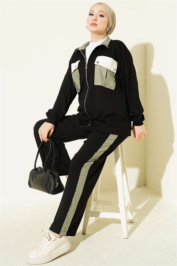 2 Piece Set with Double Pocket Detail and Trim, Black