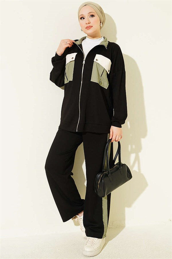 2 Piece Set with Double Pocket Detail and Trim, Black