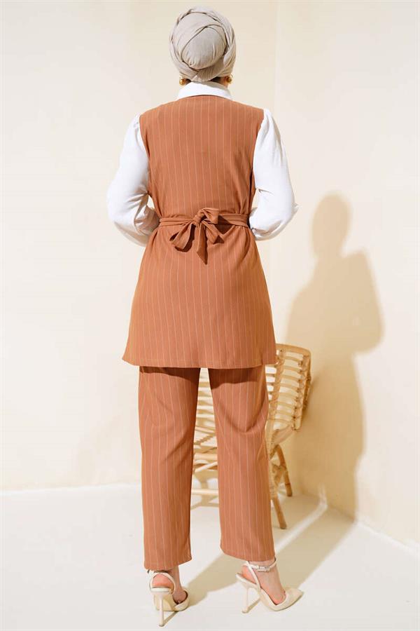  Garnished Striped 2 Piece Set Camel