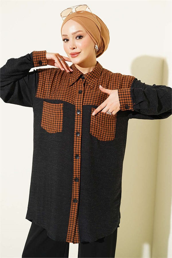 Trimmed Plaid Pattern Shirt, Tan
