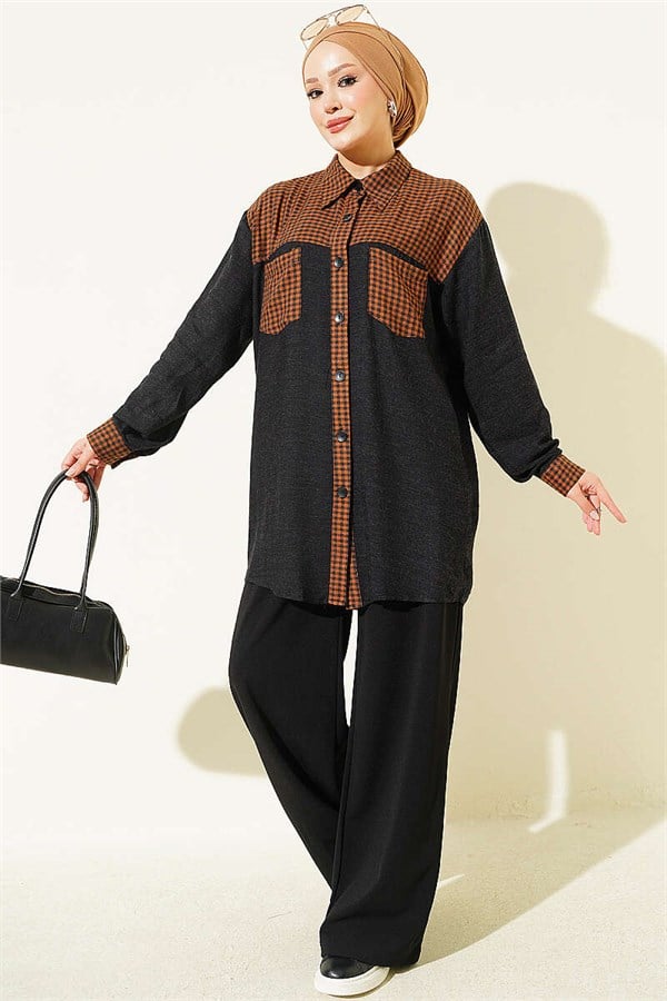 Trimmed Plaid Pattern Shirt, Tan