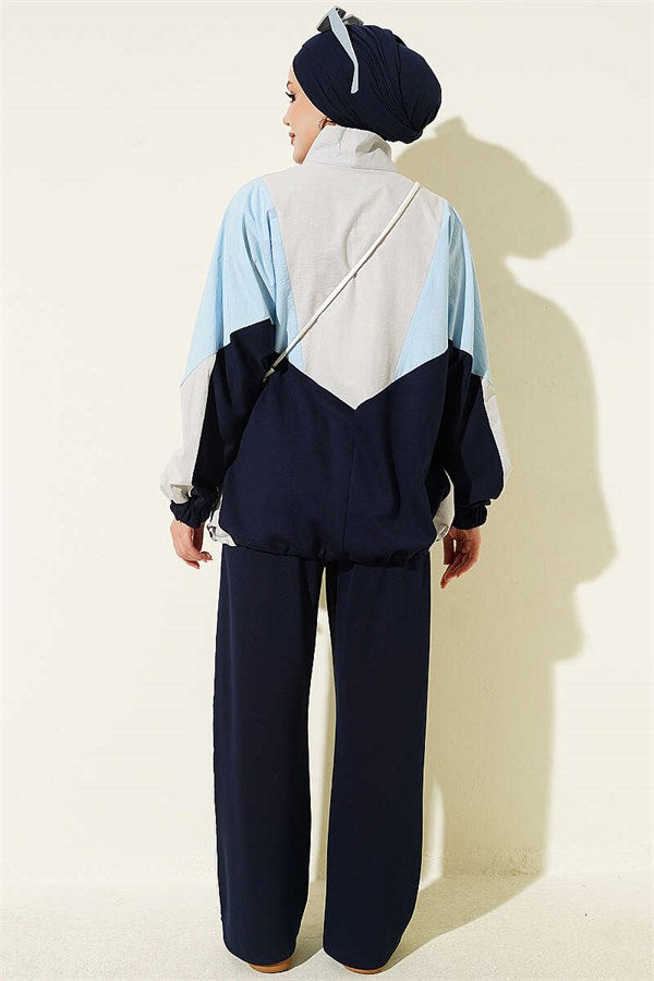 Trimmed Zippered Basic 2 Piece Set, Navy Blue