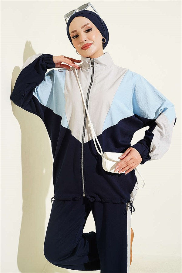 Trimmed Zippered Basic 2 Piece Set, Navy Blue