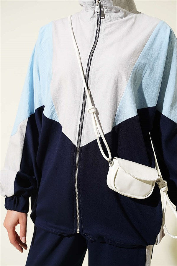 Trimmed Zippered Basic 2 Piece Set, Navy Blue