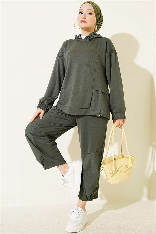 Embellished Hooded Harem Pants 2 Piece Set, Khaki