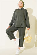 Embellished Hooded Harem Pants 2 Piece Set, Khaki