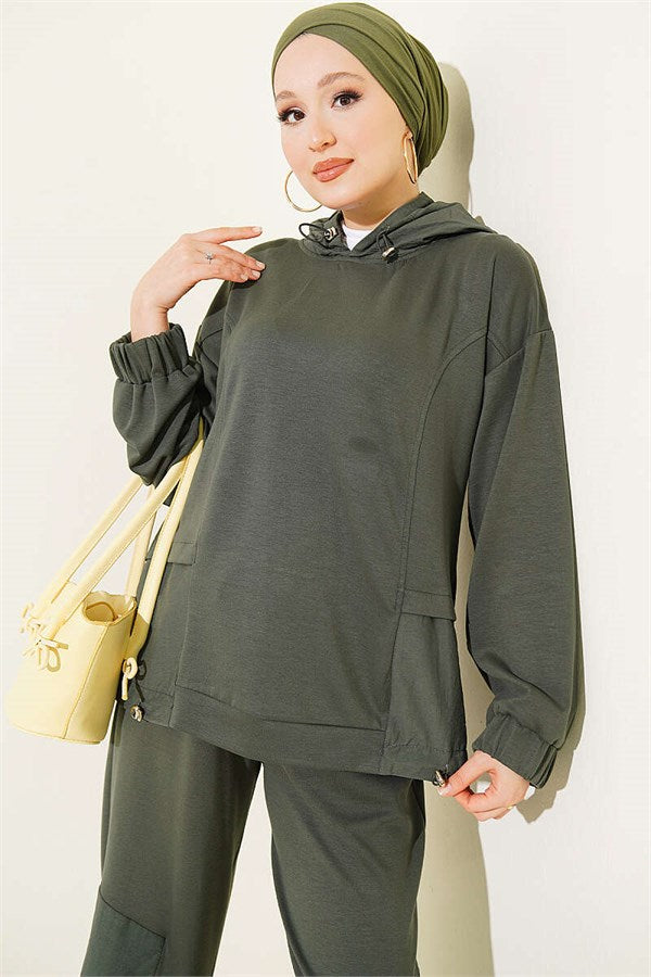 Embellished Hooded Harem Pants 2 Piece Set, Khaki