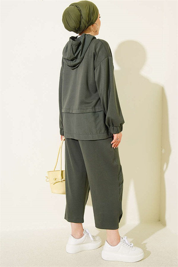 Embellished Hooded Harem Pants 2 Piece Set, Khaki