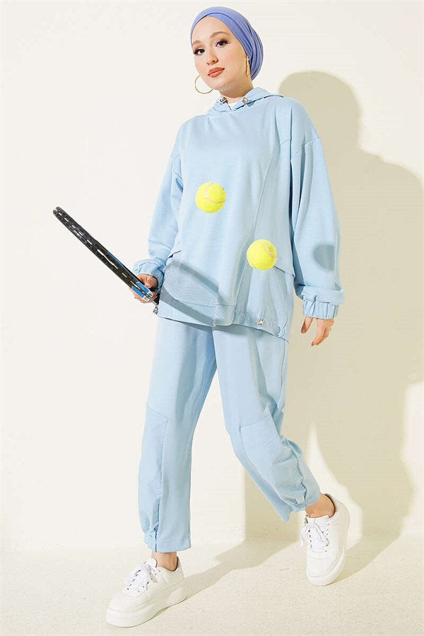 Embellished Hooded Trousers 2 Piece Set, Blue