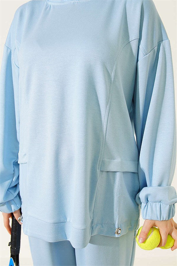 Embellished Hooded Trousers 2 Piece Set, Blue