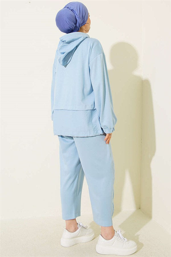 Embellished Hooded Trousers 2 Piece Set, Blue
