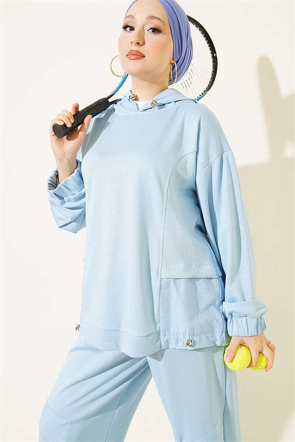 Embellished Hooded Trousers 2 Piece Set, Blue