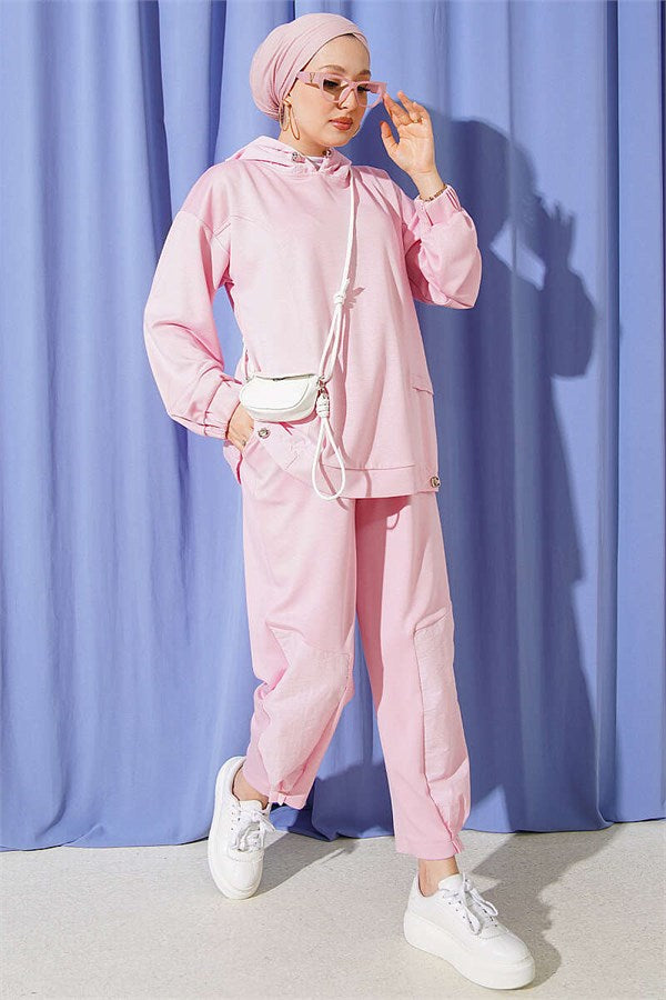 Embellished Hooded Harem Pants 2 Piece Set, Pink